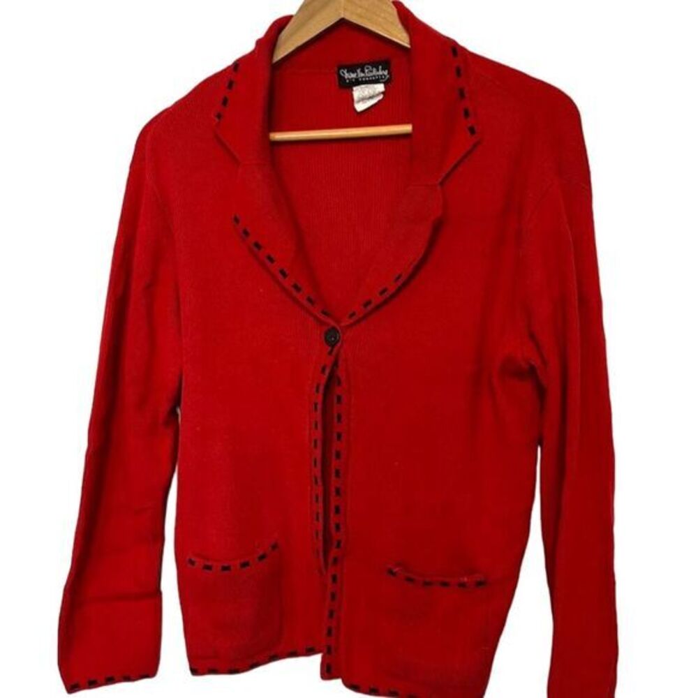 Diane Von Furstenberg Wool Cardigan Sweater S Red Black Trim Button Pockets